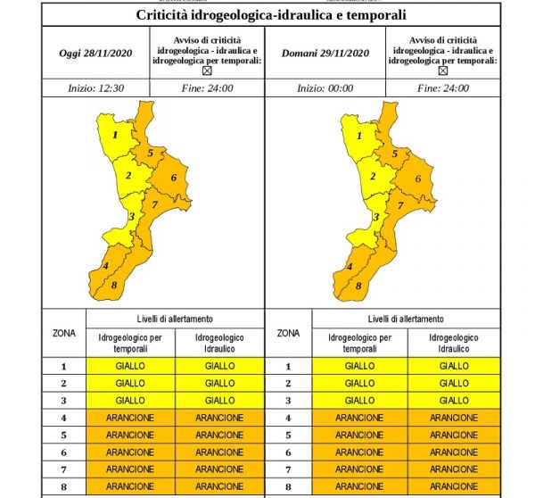 Comune di Reggio Calabria, allerta meteo arancione