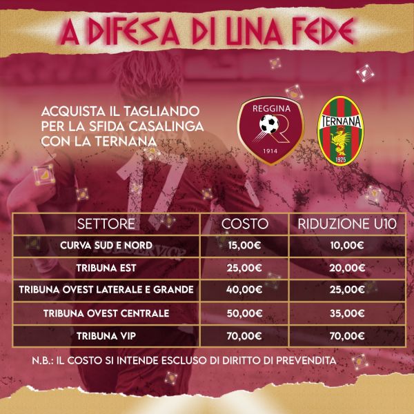 Reggina - Ternana: domani al via la prevendita